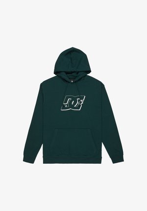 Hoodie en coton vert avec une poche kangourou à l'avant, un capuchon à cordon de serrage et un logo graphique blanc sur la poitrine. Texture douce et coupe décontractée.