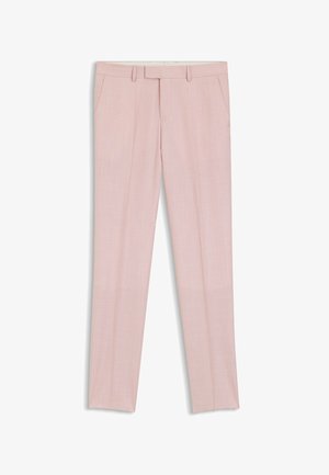 Pantalones ajustados rosa claro con bolsillos laterales, trabillas para cinturón y piernas rectas y estrechas, mostrados sobre un fondo blanco.