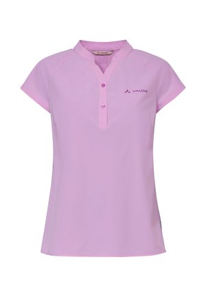 Hellviolettes Damen-Poloshirt mit kurzen Ärmeln, zwei Knöpfen, Stehkragen und "Vaude"-Logo auf der linken Brust.