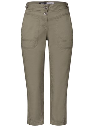 Khaki pants with a straight leg design, two front pockets, button closure, and stitched detailing on the waist and legs. Soft cotton material.
