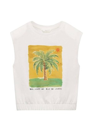 Top court en coton blanc mettant en avant une illustration de palmier avec un soleil et un paysage verdoyant. Le texte indique "Bienvenue à Rio de Janeiro."