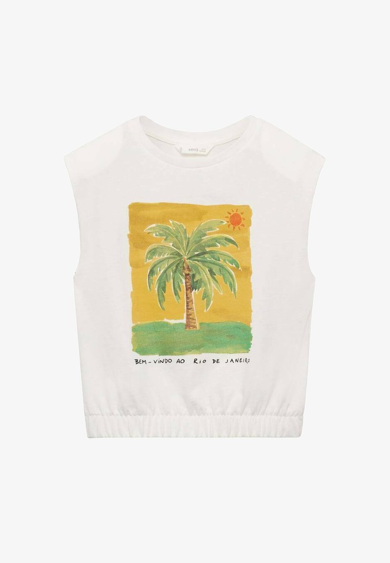 Bílý bavlněný crop top s ilustrací palmy, slunce a zelené krajiny. Text říká „Vítejte v Riu de Janeiro.“