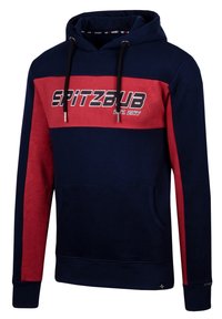 Felpa con cappuccio blu navy e rossa, con un design a contrasto e tasca frontale. Presenta dei lacci e un testo grafico sul petto.