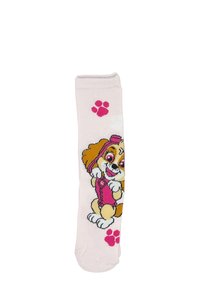Calza alla caviglia rosa con un personaggio di un cane dei cartoni animati in un abito rosa, con accenti a forma di impronte di zampe rosa. Realizzata in materiale morbido ed elastico.