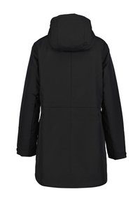 Cappotto invernale lungo nero con cappuccio, visto da dietro, caratterizzato da maniche lunghe e un design pulito e minimalista.