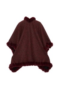 Rot gemusterter Poncho mit weichem Kunstfellbesatz entlang des Kragens und der Kanten, der ein lockeres, fließendes Design für Komfort und Wärme bietet.
