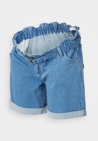 Kortbyxor i denim i ljusblå färg, med en volangmidja, uppvikta ärmar, knappstängning och framfickor. Mjuk textur och avslappnad design.