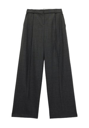 Brede broek in donkergrijs geruite stof, met een hoge taille, strakke plooien en een gladde textuur. Klassiek, op maat gemaakt ontwerp.