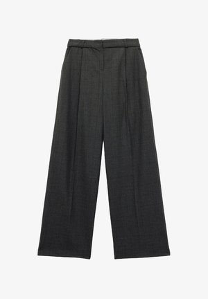 Weite Hosen aus dunkelgrauem Karo-Stoff, mit hoher Taille, scharfen Falten und einer glatten Textur. Klassisches, maßgeschneidertes Design.