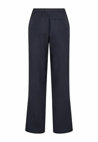 Marineblaue, gerade geschnittene Hose mit elastischem Bund und einer einzigen Leistentasche auf der Rückseite rechts.