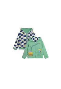 Due felpe con cappuccio: una con un motivo di veicoli da costruzione blu e bianchi; l'altra verde con una grafica di una gru gialla e tasca.