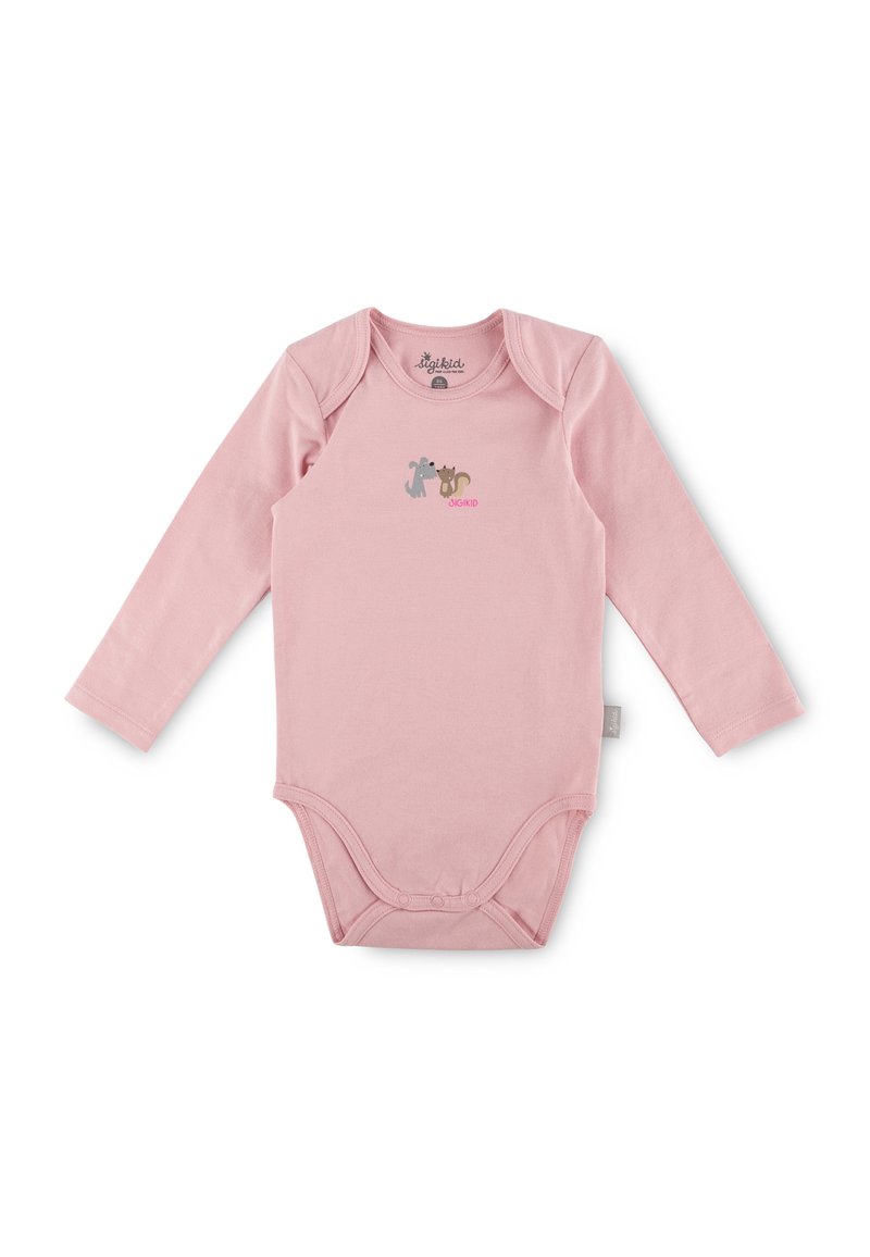 Long-sleeve pink bodysuit made of soft cotton. Features animal illustrations in gray and brown on the front and snap closures at the bottom.