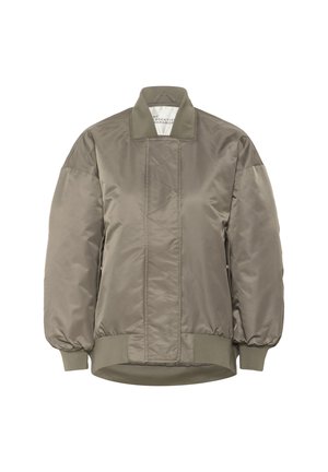 Olive green bomber jacket in shiny nylon with a ribbed collar and cuffs, featuring diamond quilted patterns on the front.