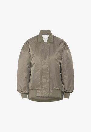 Olive green bomber jacket in shiny nylon with a ribbed collar and cuffs, featuring diamond quilted patterns on the front.