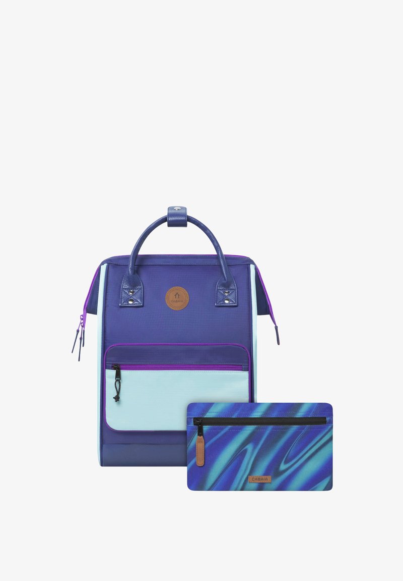 Purple and light blue backpack with a textured finish, featuring a front pocket and a small matching case with a marbled blue pattern.