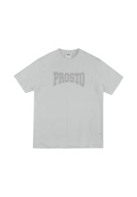 Jasnoszary t-shirt z krótkim rękawem, wykonany z bawełny, z wyraźnym logo "PROSTO" w ciemniejszym odcieniu na przedzie.