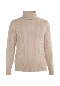 Beżowy sweter z golfem o splocie w warkocze, z prążkowanymi mankietami i dołem, z różnymi teksturowanymi wzorami na całej powierzchni materiału. Miękki dzianinowy materiał.