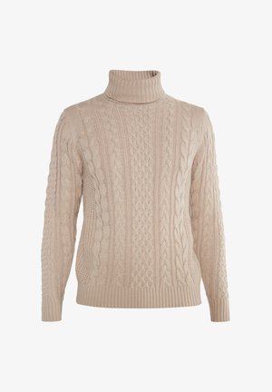 Beige színű, kötött garbós pulóver, bordás mandzsettákkal és szegéllyel, a szöveten változatos textúrákkal. Puha kötött anyag.