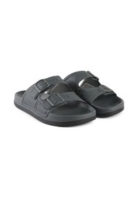 Grijs rubberen sandalen met twee verstelbare gespen, voorzien van een gevormde voetbed en een gestructureerde zool voor verbeterde grip en comfort.