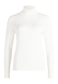Weißer Rollkragenpullover aus einem weichen, gerippten Stoff. Hat lange Ärmel und ein tailliertes Design.