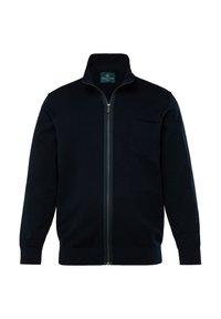 Námořnická zipová bunda z měkkého materiálu, s vysokým límcem, přední kapsou a žebrovanými manžetami a lemem; minimalistický design bez vzorů.