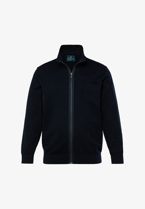 Námořnická zipová bunda z měkkého materiálu, s vysokým límcem, přední kapsou a žebrovanými manžetami a lemem; minimalistický design bez vzorů.