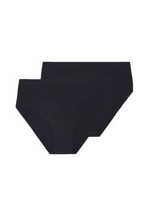 Two plain black seamless women's hipster panties stacked on a white background.