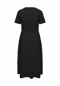 Robe midi noire à manches courtes, encolure ronde, taille cintrée et jupe évasée, vue de dos sur fond blanc.