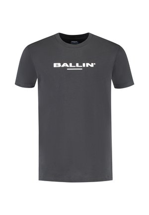 Gray cotton T-shirt with short sleeves. Features a prominent white "BALLIN'" logo across the chest. Classic crew neckline.