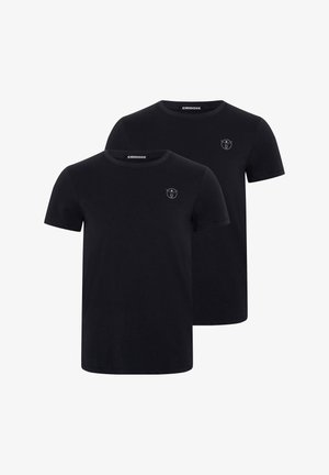 Black cotton t-shirts featuring a crew neckline and short sleeves. Each shirt has a small logo on the chest. Two-pack design.