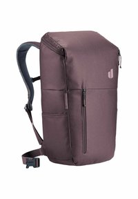 Sac à dos compact violet foncé avec bretelles rembourrées, poche frontale zippée verticale, poche latérale et sangle à boucle ajustable.