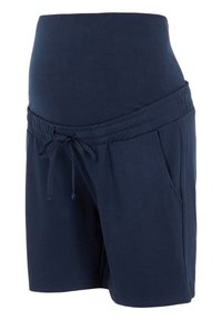 Navy blue maternity shorts with a high waistband, adjustable drawstring, and side pockets, made from soft, stretchable fabric.