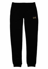 Black sweatpants with a fitted design, made of soft material. Features an EA7 logo in gold on the left hip and elastic cuffs at the ankles.
