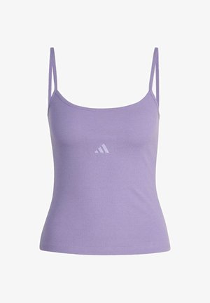 Purple tank top made of ribbed fabric, featuring thin straps and a small, subtle Adidas logo in the center. Smooth texture, fitted design.