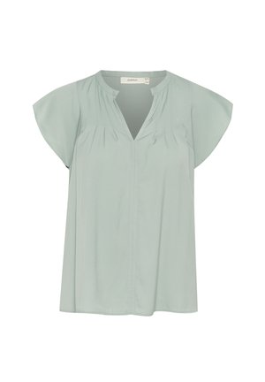 Svetlozelen bluza s V-izrezom, kratkimi nagubanimi rokavi in subtilnimi naborki. Narejena iz gladkega materiala z ohlapnim krojem.