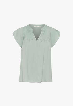 Svetlozelen bluza s V-izrezom, kratkimi nagubanimi rokavi in subtilnimi naborki. Narejena iz gladkega materiala z ohlapnim krojem.