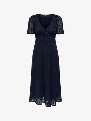 Abito di pizzo blu navy al ginocchio con maniche corte a sbuffo, scollatura a V e dettaglio annodato sul davanti al busto.