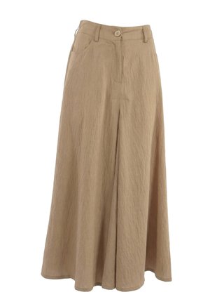 Pantalon beige à jambes larges avec fermeture par boutons, passants pour ceinture, poches avant et tissu fluide et texturé.