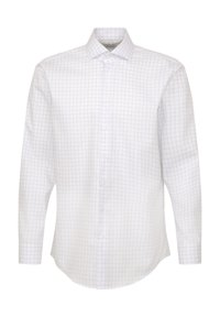 Chemise blanche à manches longues avec un motif à carreaux bleu clair, col classique et boutons sur le devant. Tissu lisse avec un ourlet arrondi et des poignets à boutons.