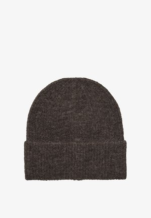 Ciemnoszara dziana czapka beanie z podwiniętym mankietem. Wykonana z teksturowanej wełny, z gładką górą i prążkowanym pasem.