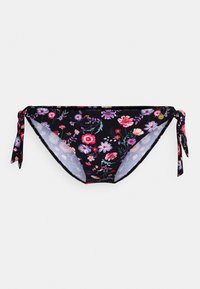Parte de baixo de biquíni preta com padrão floral, feita de tecido elástico, apresentando padrões de flores coloridas, laços laterais e uma textura suave.