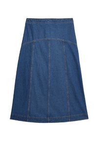 Denim A-linjeformad kjol i mörkblått, med en figurnära midja och kontrasterande sömmar. Slät textur med subtila vertikala sömmar.