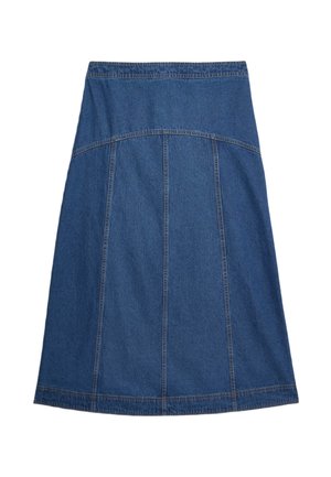 Denim A-lijn rok in donkerblauw, met een strakke tailleband en contrasterende stiksels. Glad textuur met subtiele verticale naden.