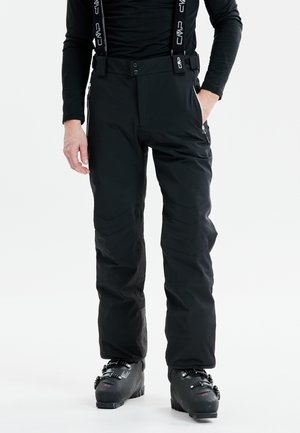 Sorte skibukser med justerbare seler, fremstillet af et glat, vandtæt stof, med flere lynlåslommer og en tapered ben-design.