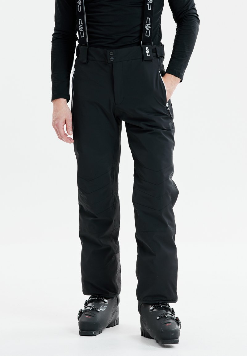 Sorte skibukser med justerbare seler, fremstillet af et glat, vandtæt stof, med flere lynlåslommer og en tapered ben-design.