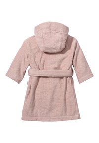 Pink hooded bathrobe made of textured terrycloth, featuring short sleeves and a tied waist, with front pockets. Back view displayed.