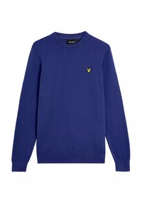 Maglione blu in cotone, con colletto rotondo, maniche lunghe, polsini e orlo a coste, e un piccolo logo giallo sul petto.