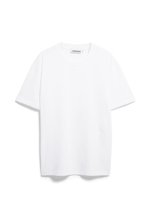 T-shirt blanc à manches courtes en coton doux, présentant un col rond et un détail de logo subtil à l'avant.