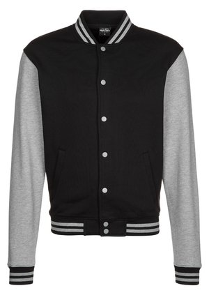 Czarna i szara kurtka varsity z zatrzaskami, pasiastym kołnierzem, mankietami i pasem oraz dwoma przednimi kieszeniami.