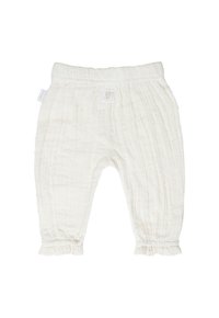 Pantalons pour enfants de couleur crème en tissu texturé, avec une taille froncée et des poignets à volants, ornés d'une petite étiquette logo.